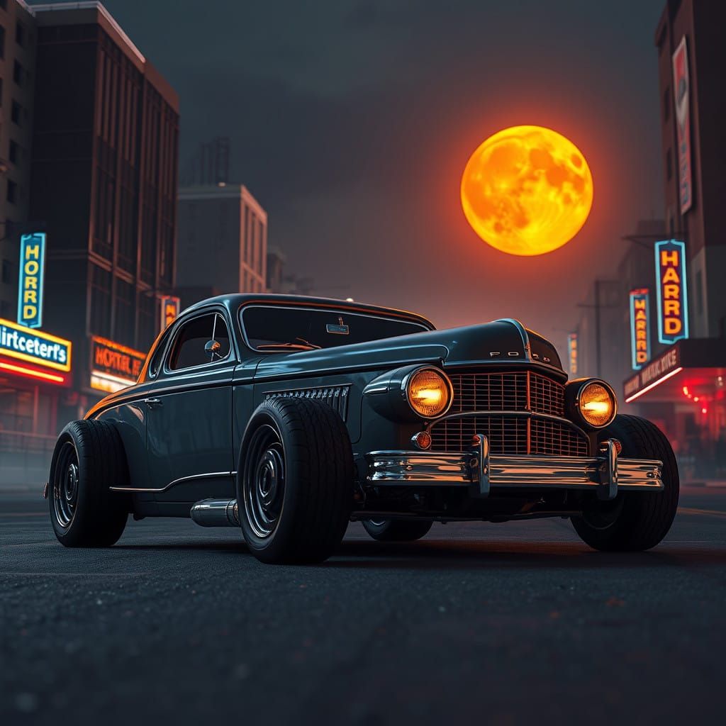 Eerie 1960s Hotrod Basked in Orange Moonlight