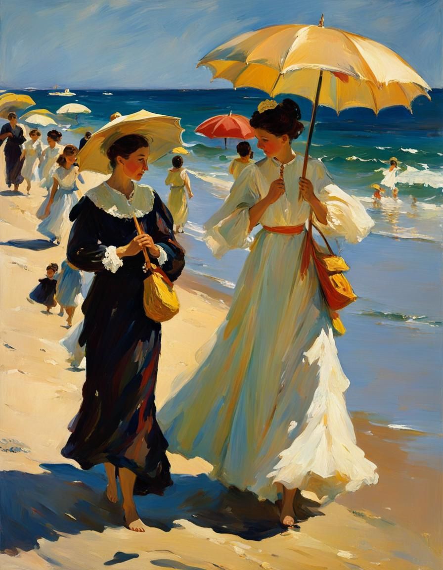 Elegant Women on Beach in Impressionistic Style