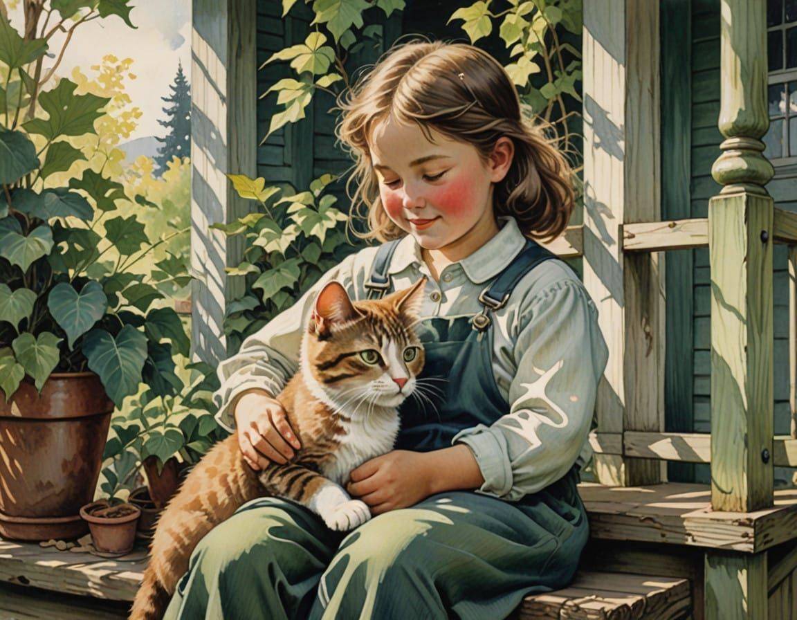Young Child Bonds with Gentle Cat on Cozy Porch