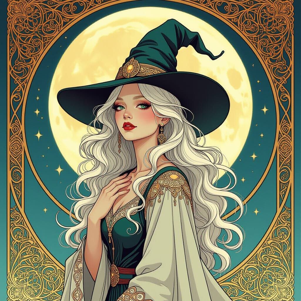 Albino Witch Under Moon in Art Nouveau Style