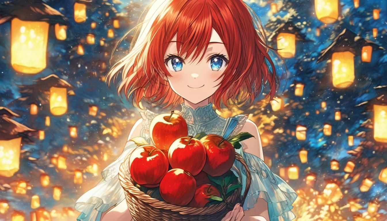 Crimson-Haired Girl with Apples in Anime Style