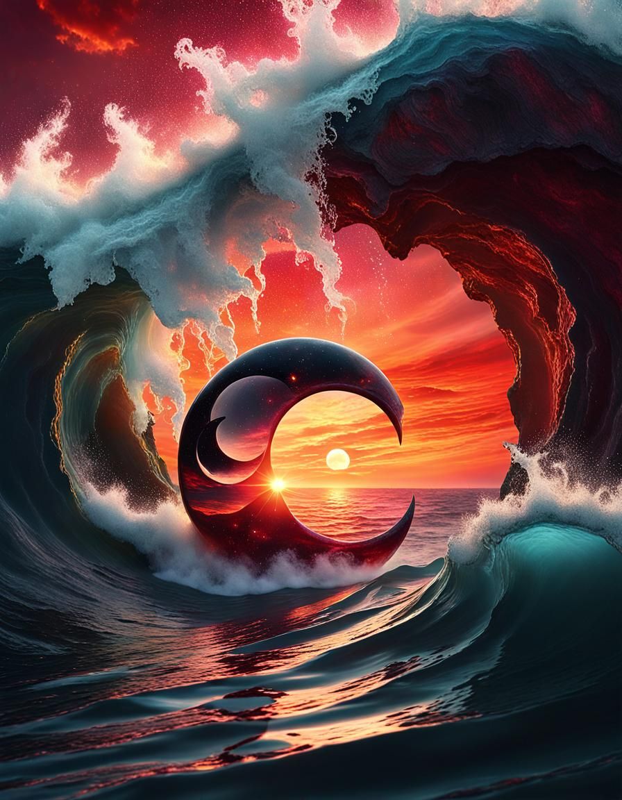 Surreal Yin Yang Sun Moon with Nebula Waterfall