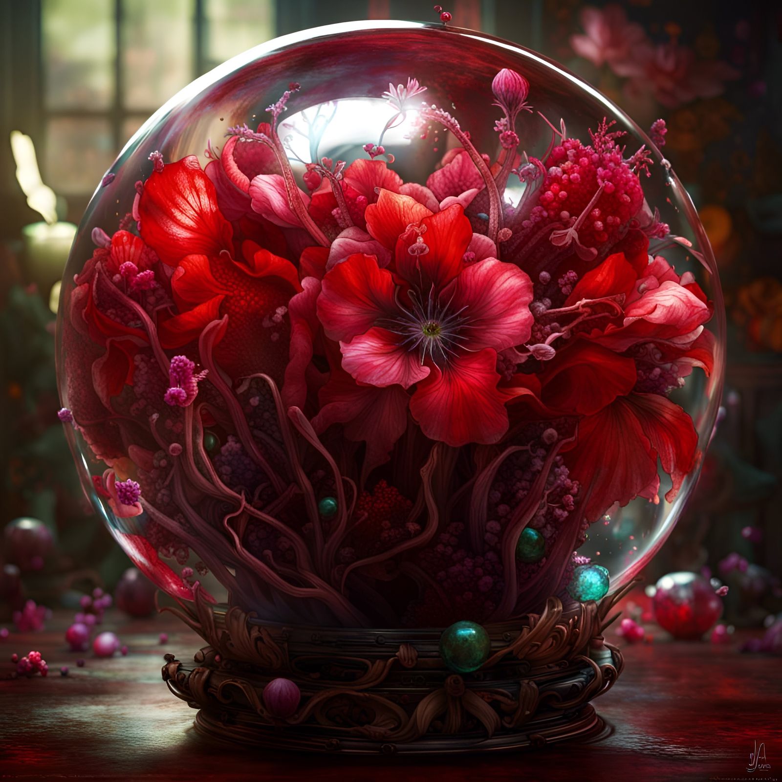 Poisonous Red Flower in Glass Sphere, Fantasy Artwork