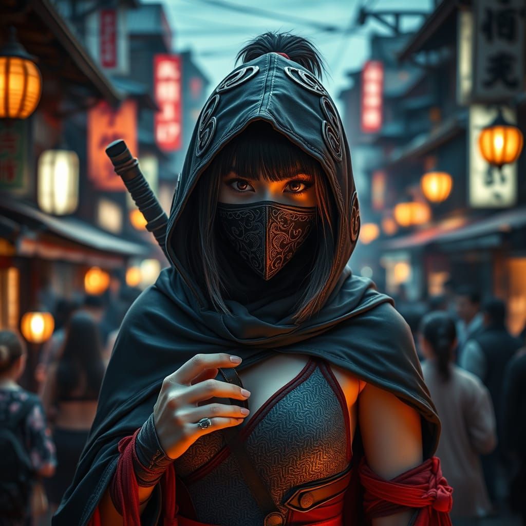 Surreal Hyper-Realistic Female Ninja in Japanese City Twilig...