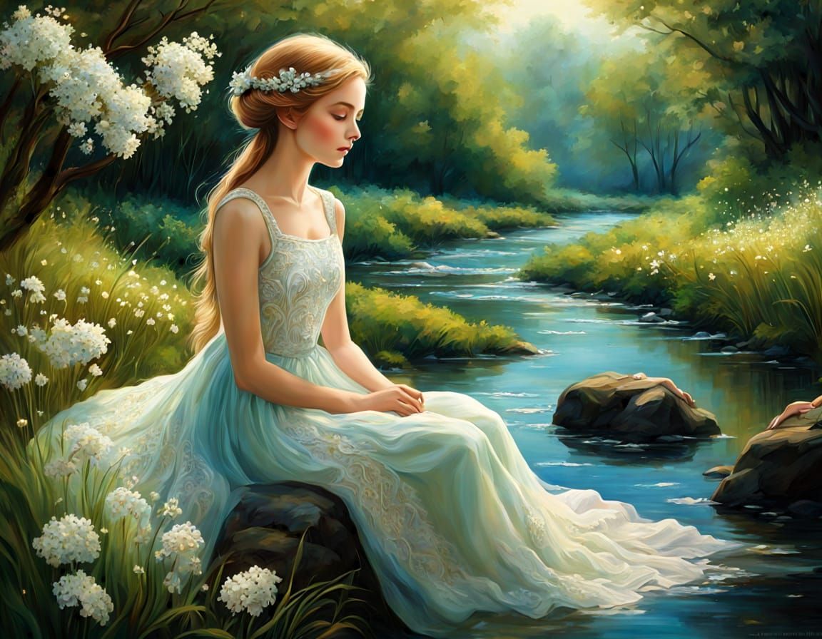 Whimsical Fantasy Scene with Serene Woman and Blooming Strea...