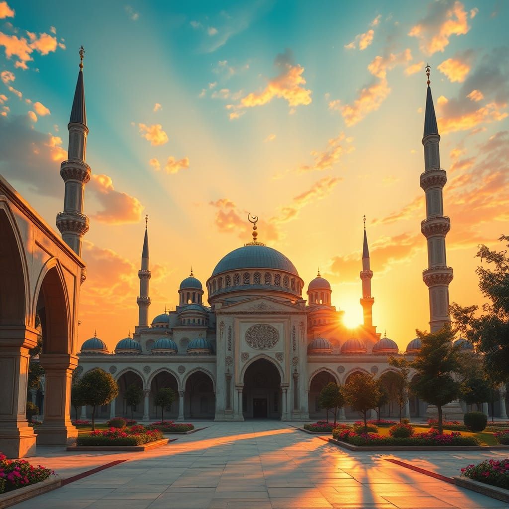 Serene Mosque at Sunset, Golden Light and Lush Greenery