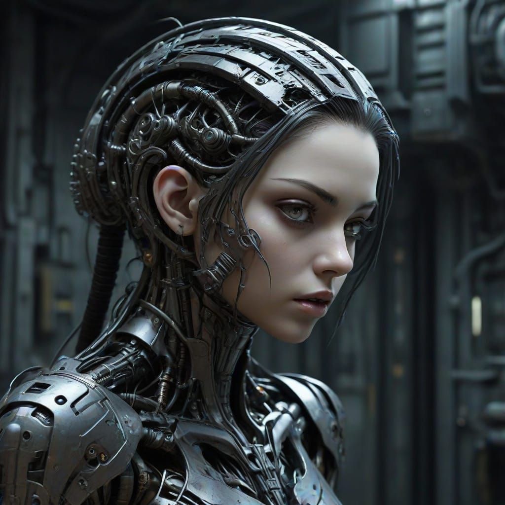 Surreal Biomechanical Android in Dark, Abandoned Laboratory