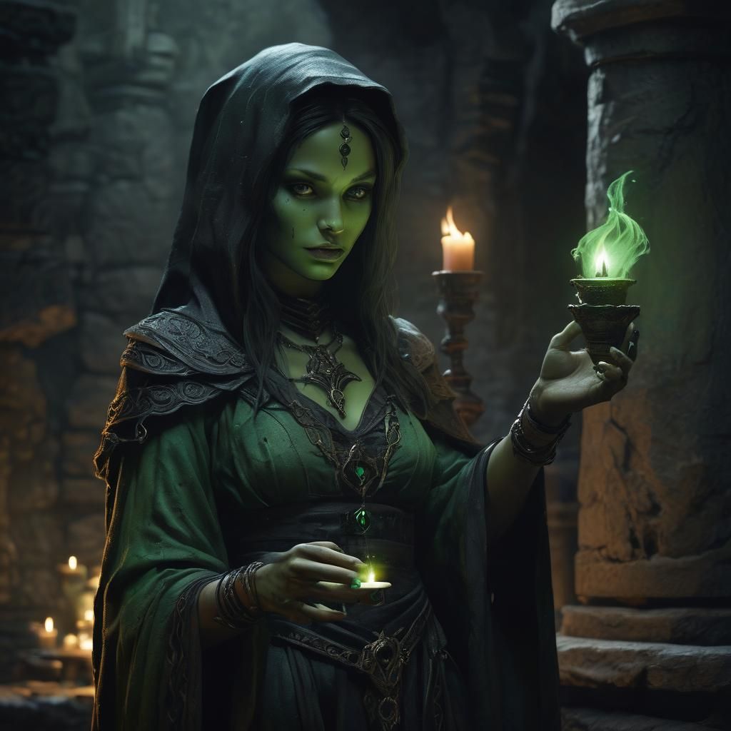 Dark Sorceress with Green Flame Candle