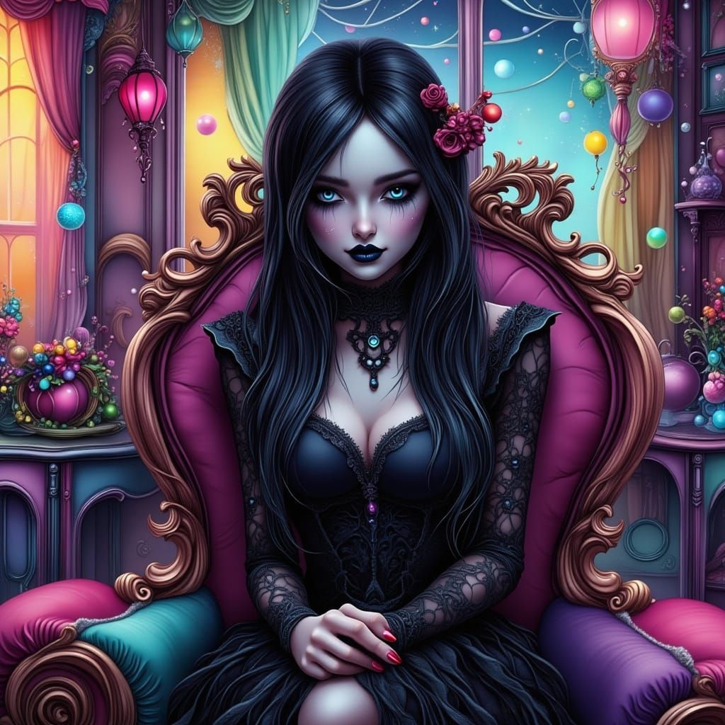 Gothic Girl Horrified by Pastel Room