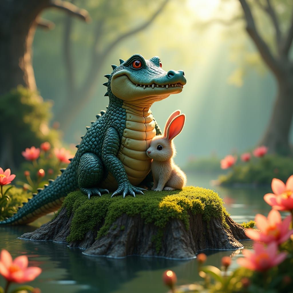 Crocodile and Bunny in Dreamlike Matte Painting