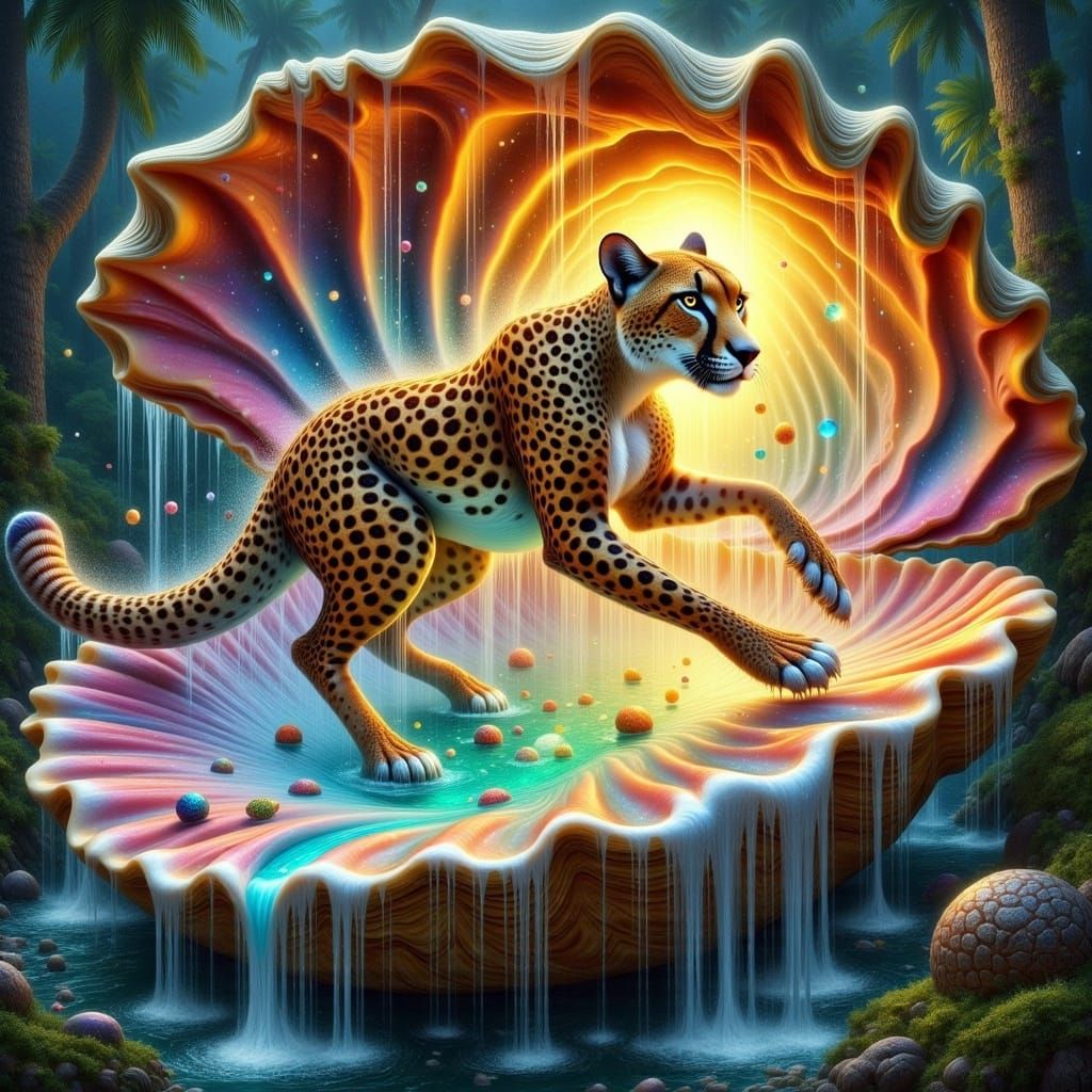 Cheetah Leaps from Cosmic Seashell in Vibrant Surrealist Art