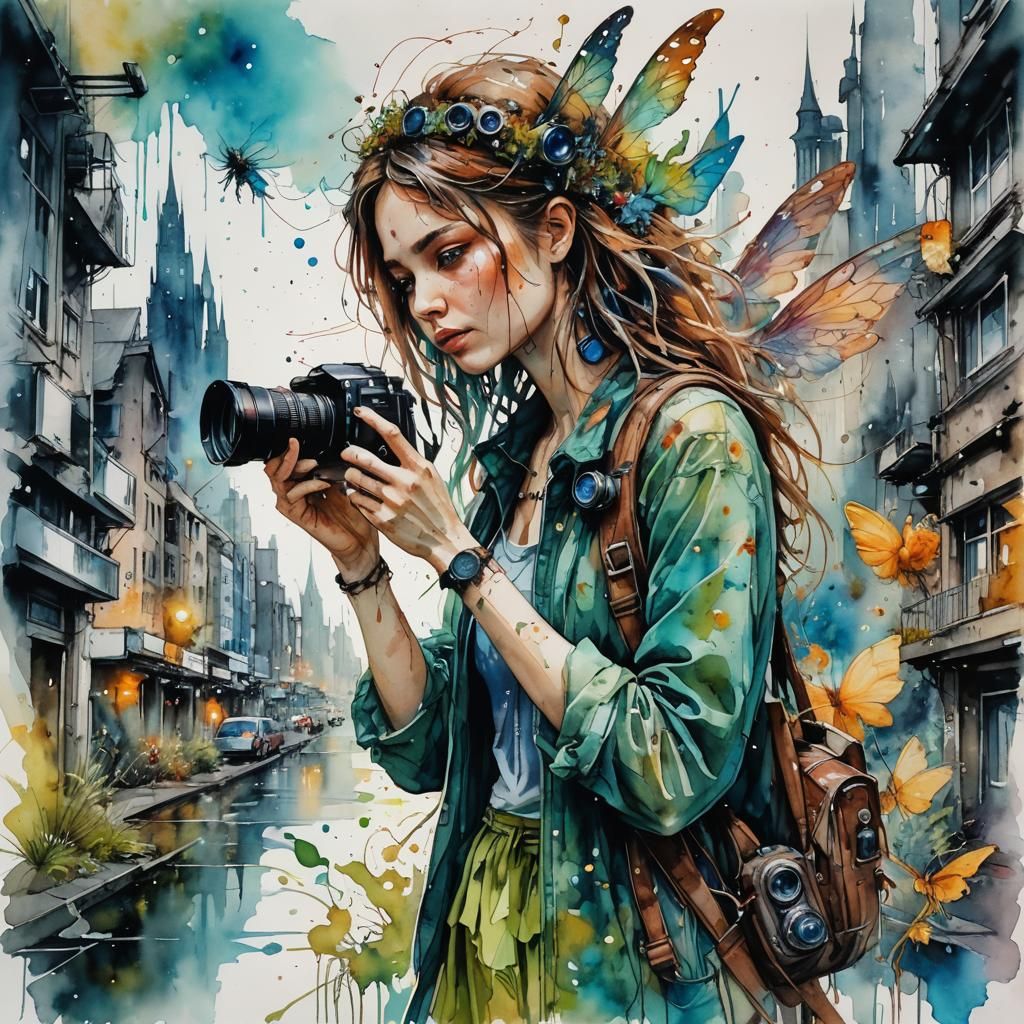 Woman Capturing Fairies in Watercolor Fantasy City