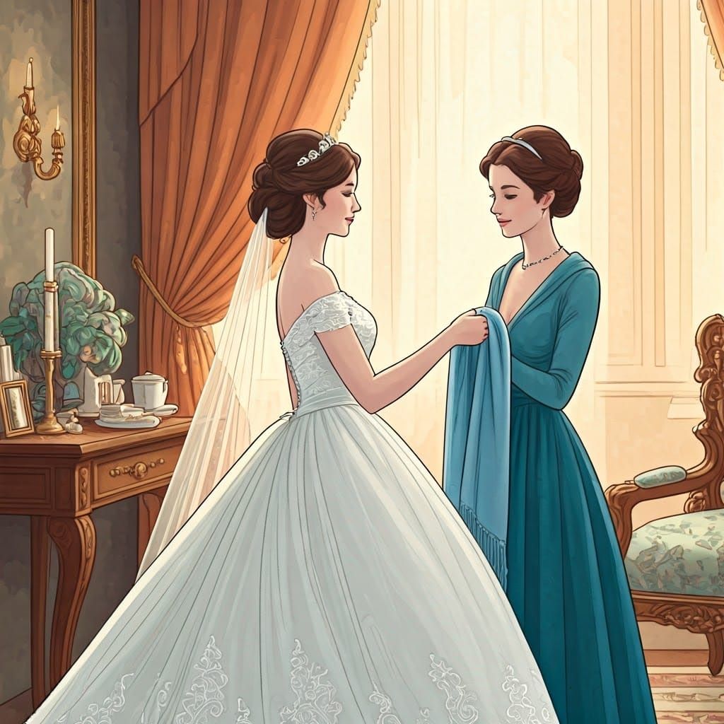 Bride Receives Blue Shawl in Whimsical Watercolor Style