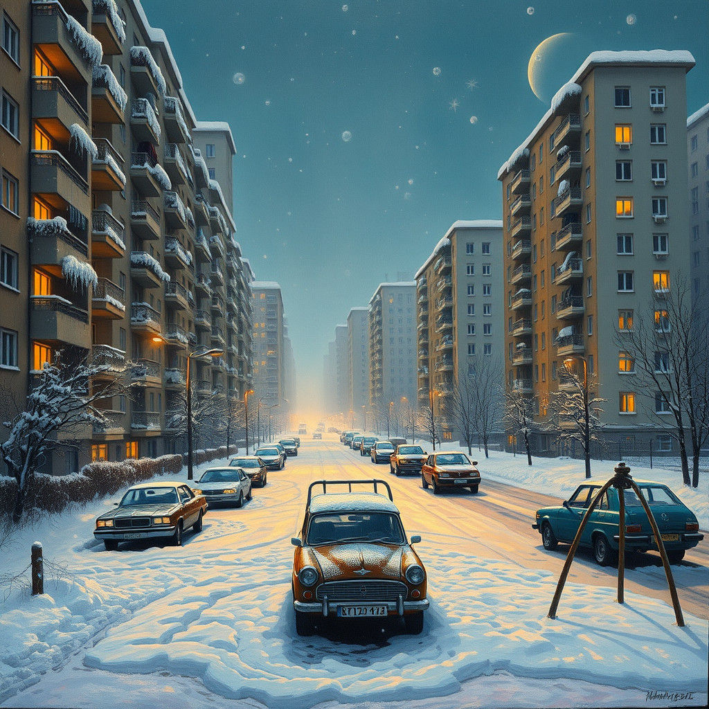 Soviet Winter Cityscape in Neo-Impressionist Style