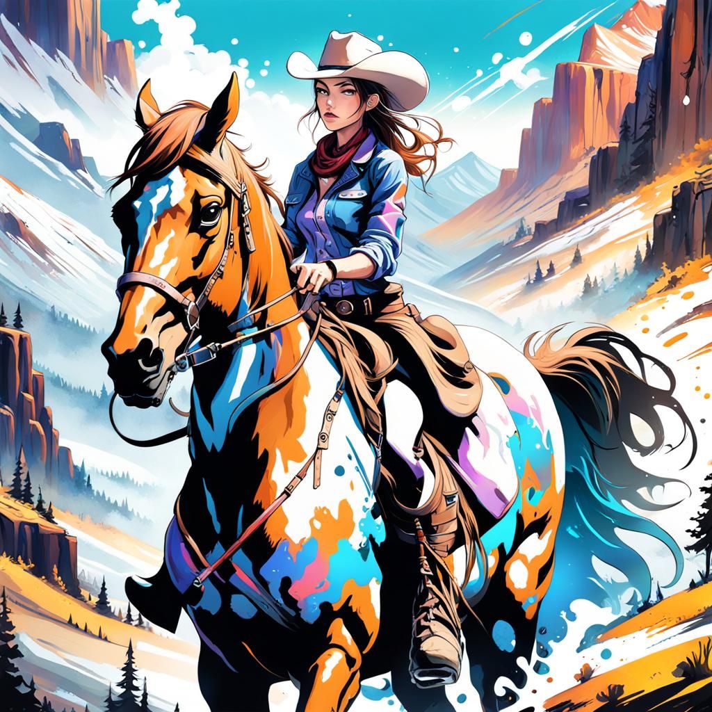Anime Cowgirl on Pinto Horse, Graffiti Art Style
