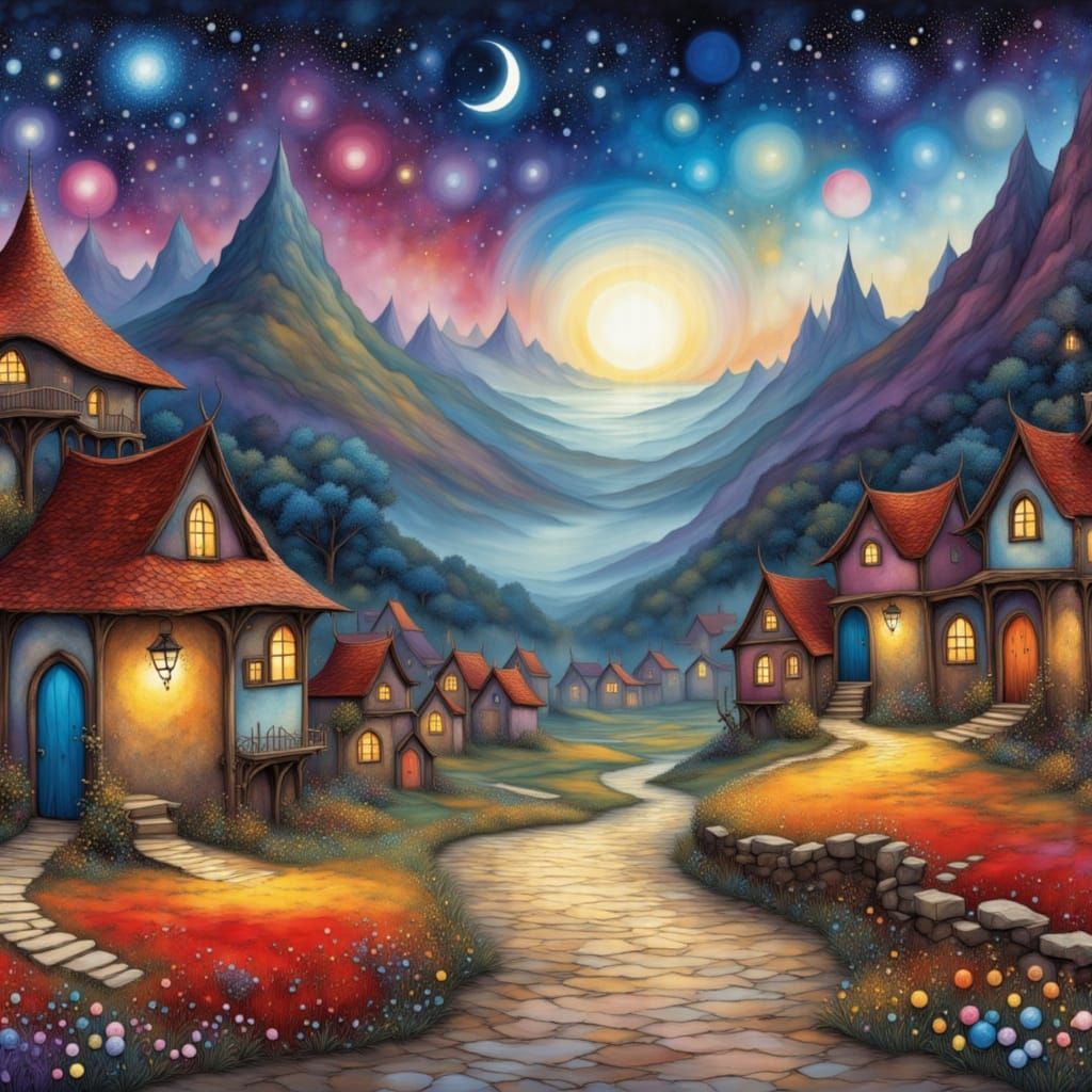 A serene village scene at twilight, with warm lights glowing from windows…