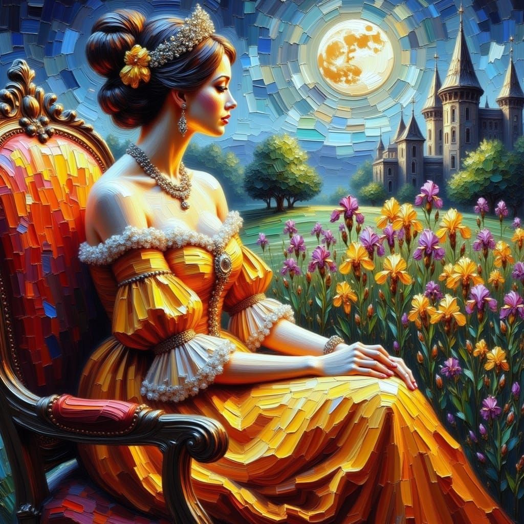 Elegant Princess Under Crescent Moonlit Sky in Impasto Paint...