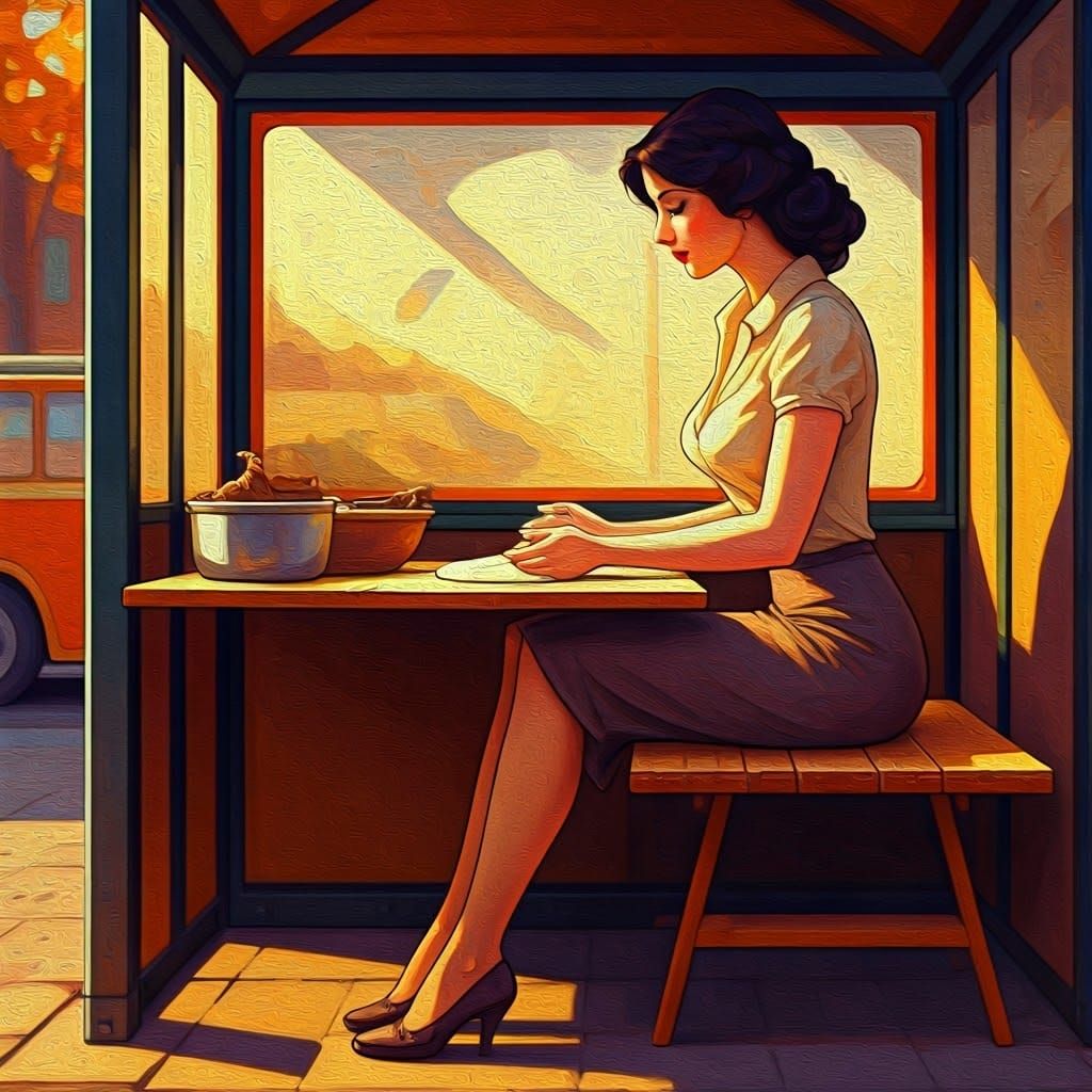 Woman in Impressionist Folk Art Style Kneading Dough at Bus ...