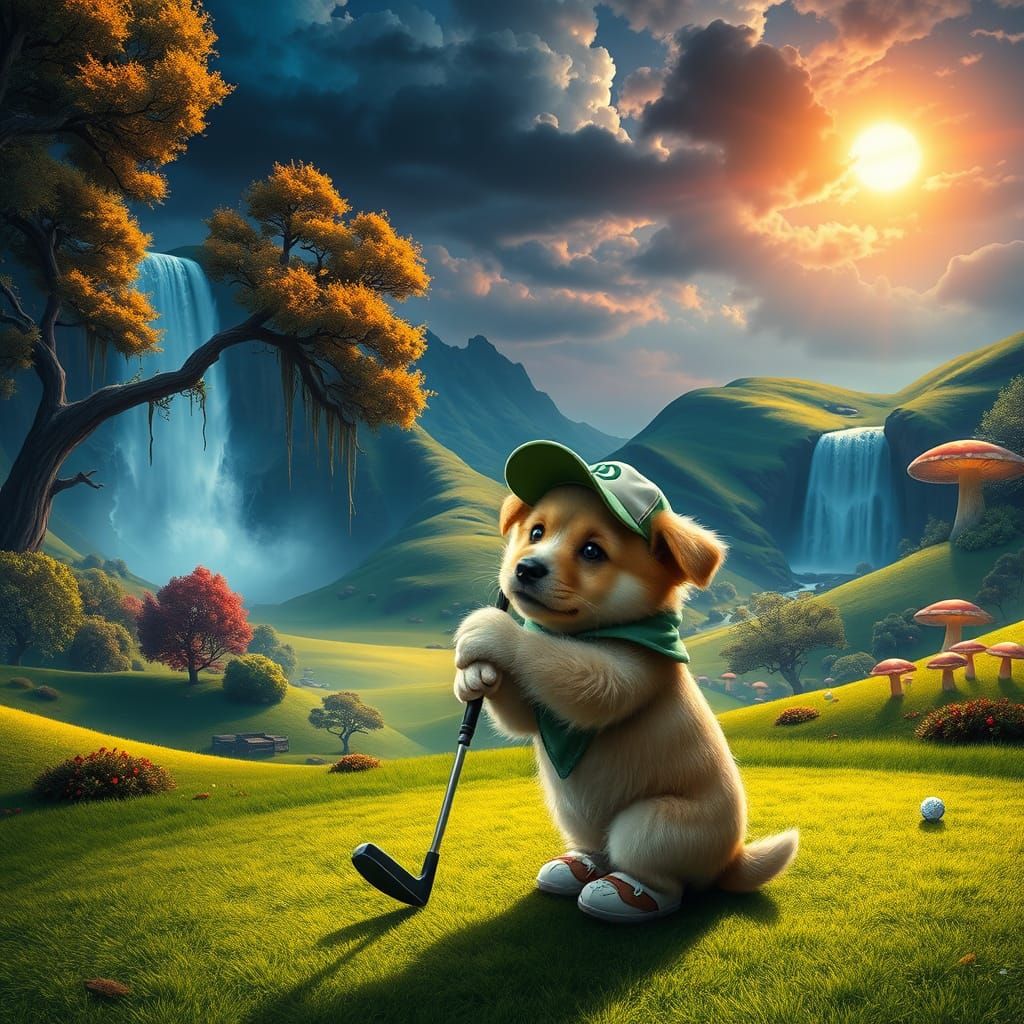 Fantastical Puppy Golf Scene in Vibrant, High-Fantasy Style