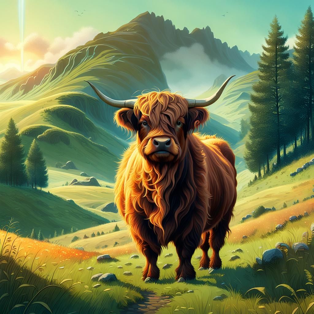 Fluffy Highland Cow in Whimsical Landscape