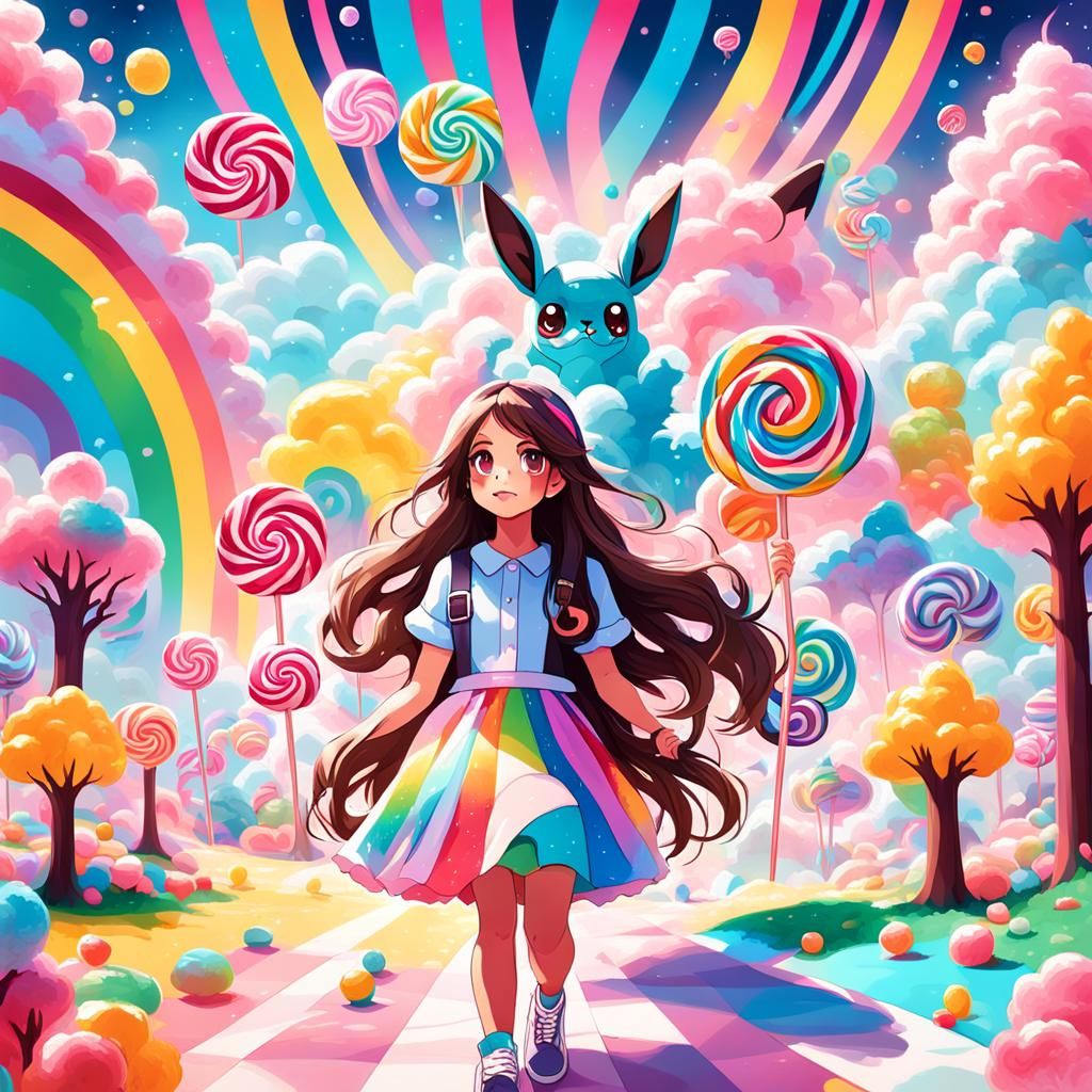 Girl with Eevee and Umbreon in Candyland: Cel-Shaded Art