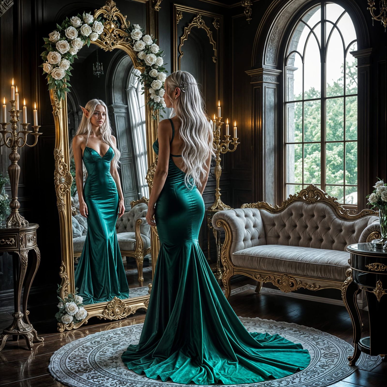 Elegant Elf in Emerald Gown Gazes in Ornate Mirror