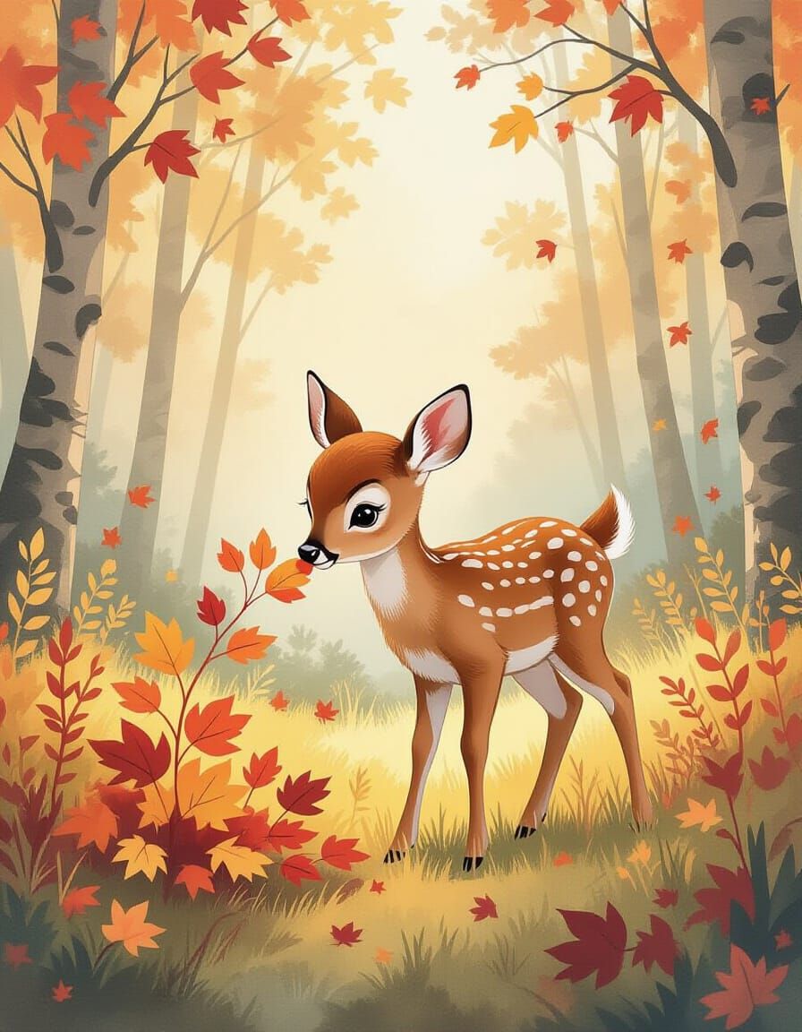 Whimsical Fawn in Autumn Forest Clearing