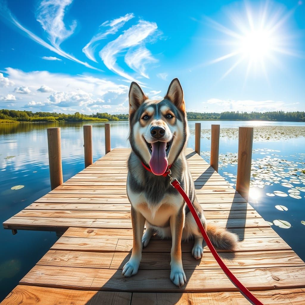 Joyful Wolf-Like Dog on Dock by Lake