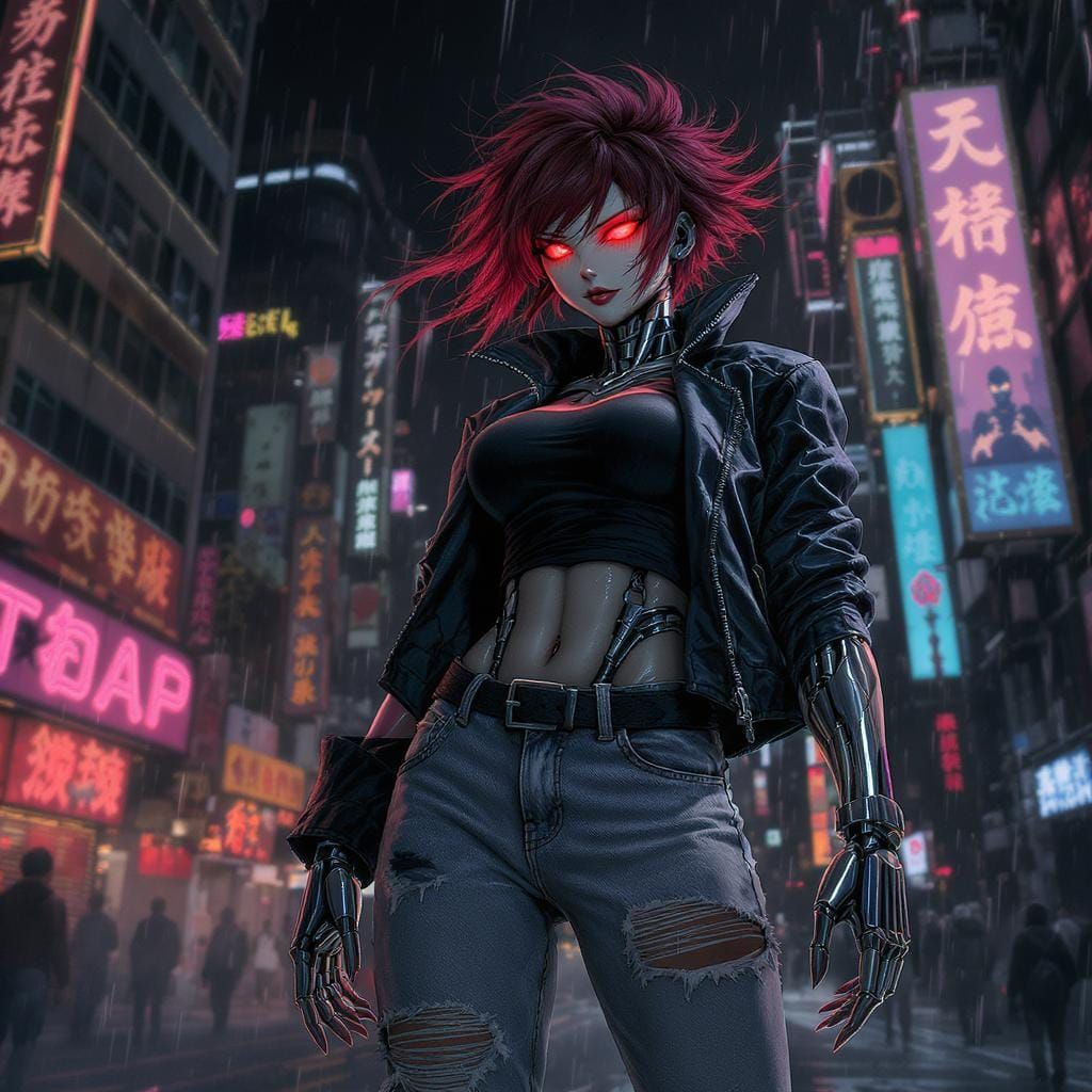 Cyberpunk Android in Cityscape, Digital Art