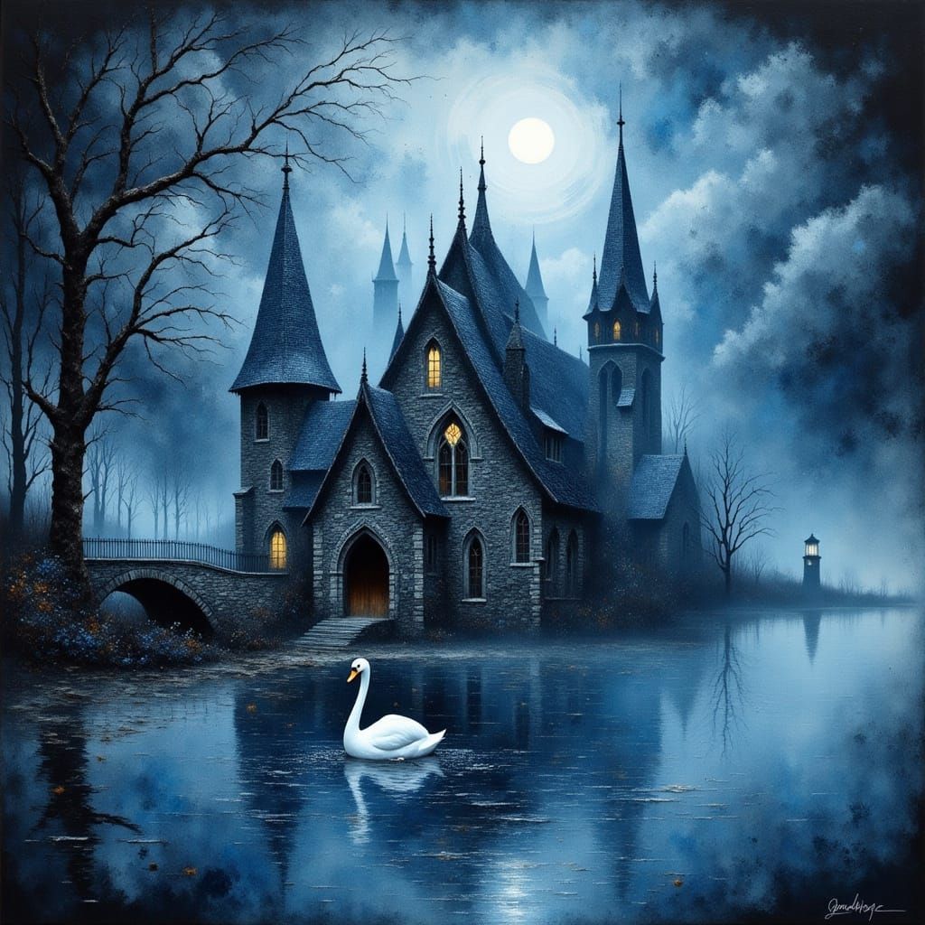 Ethereal Swan on Misty Lake with Gothic Chapel