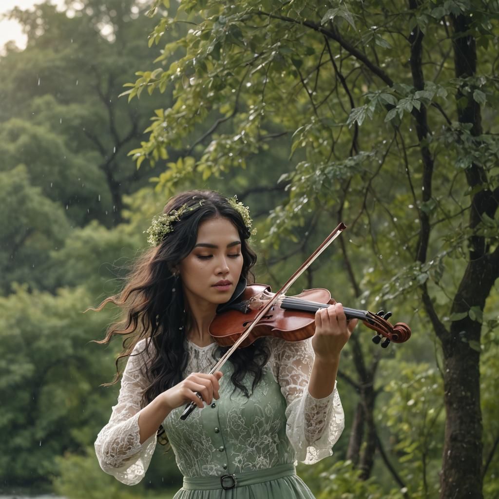 Girl with Violin in Storm, Romanticism Style