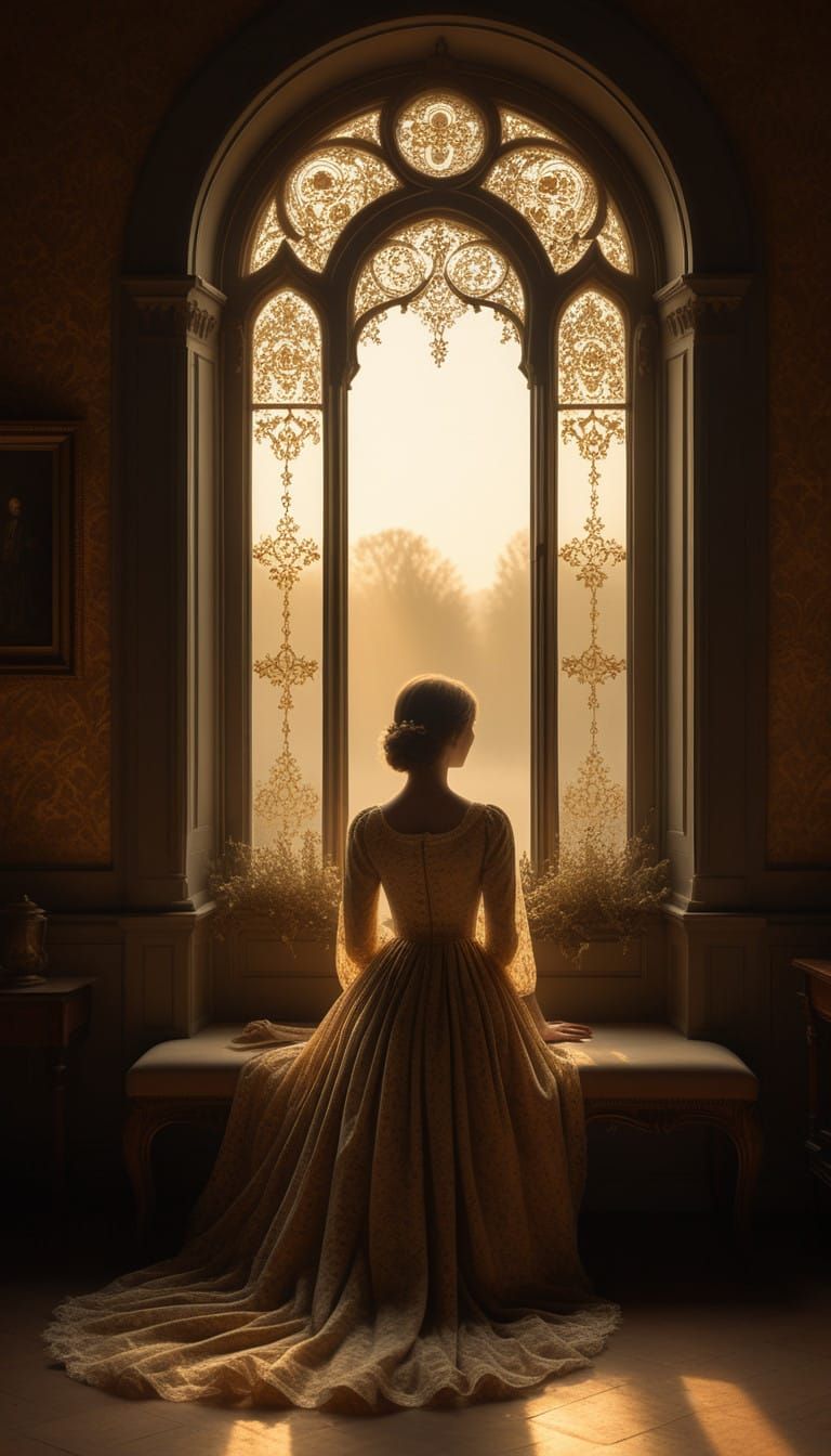 A mesmerizing scene unfolds as warm sunlight streams through an ornate window frame, creating a dramatic silhouette agai...