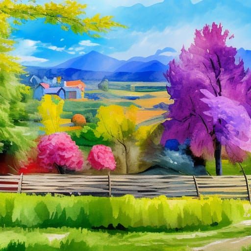 Colorful Landscape in Gouache and Watercolor Style