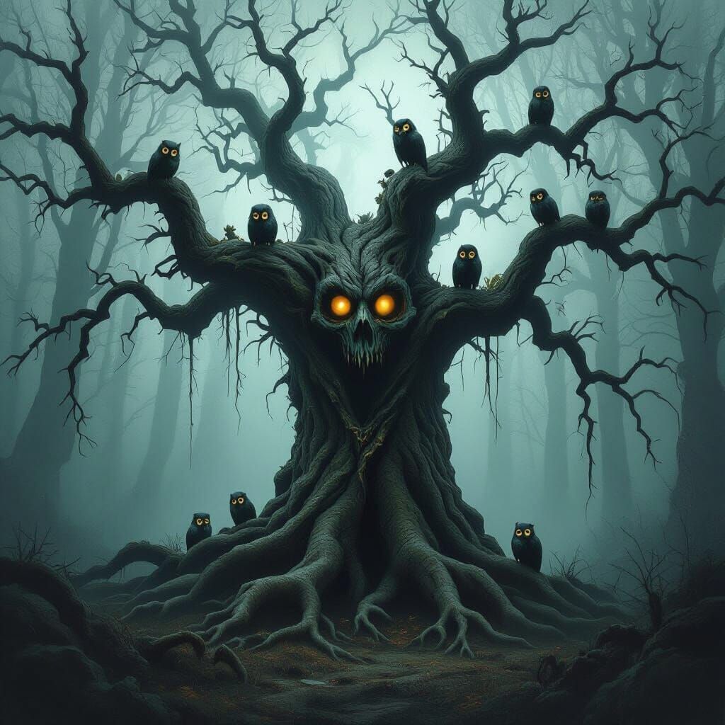 Haunted Tree in Misty Forest, Mystical Realism