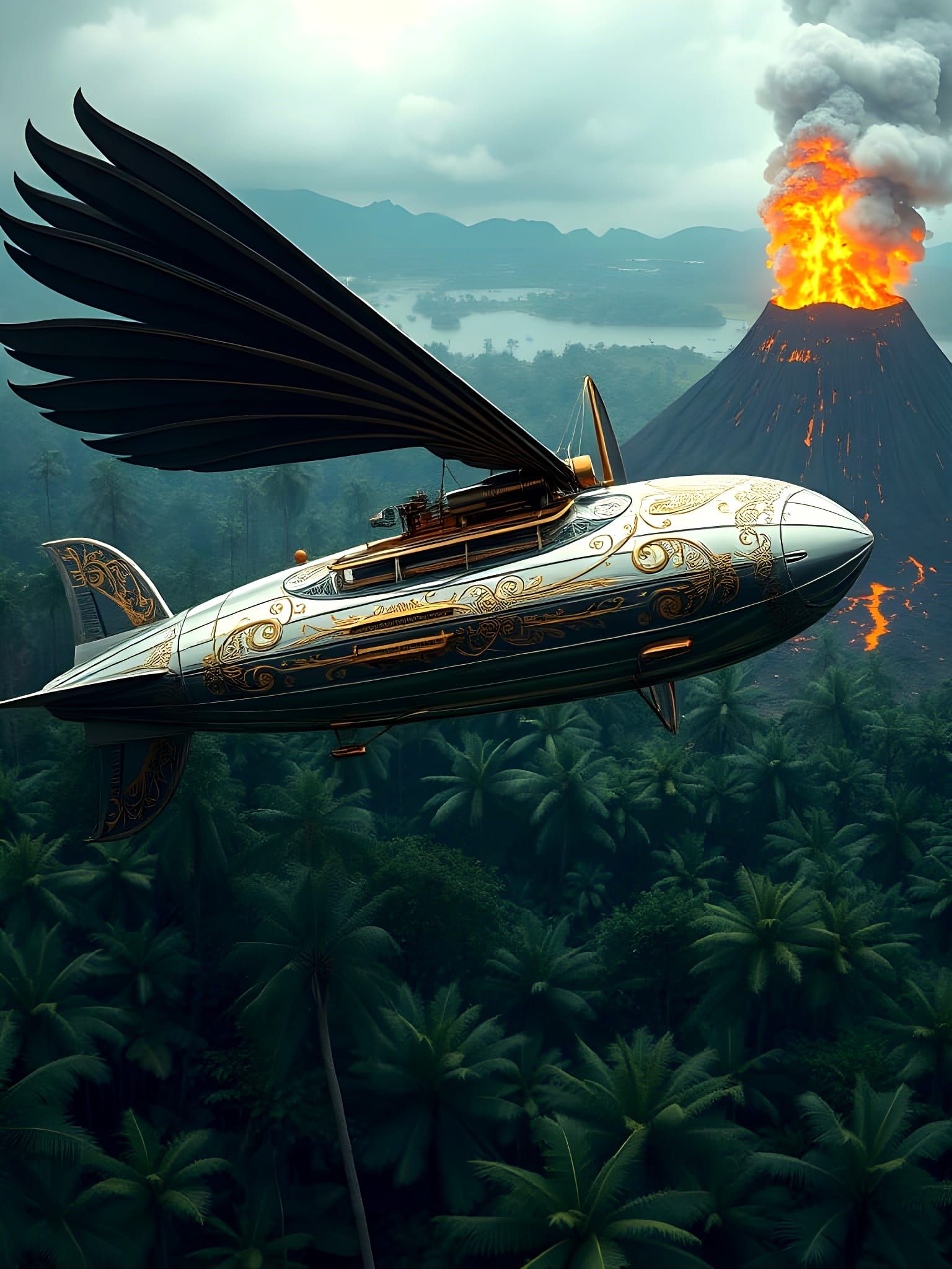 Steampunk Airship Soars Over Tropical Jungle