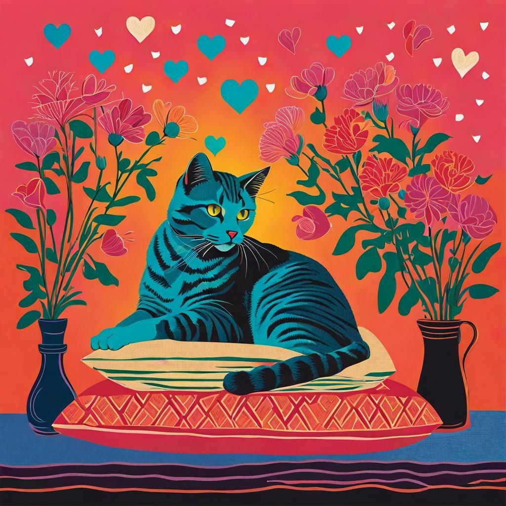 Cute Cat with Flowers in Pop Art Style