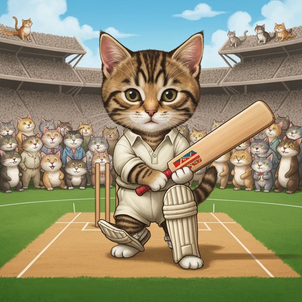 Style of Tenniel, a tabby kitten dressed in cricket whites playing cricket, background a cricket pitch with cat spectato...