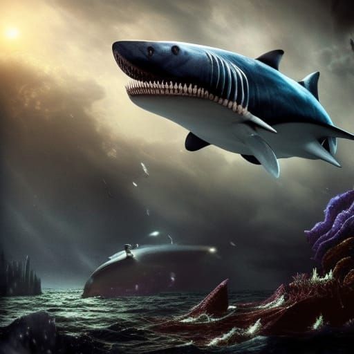 Epic Megalodon in Dramatic Digital Matte Painting