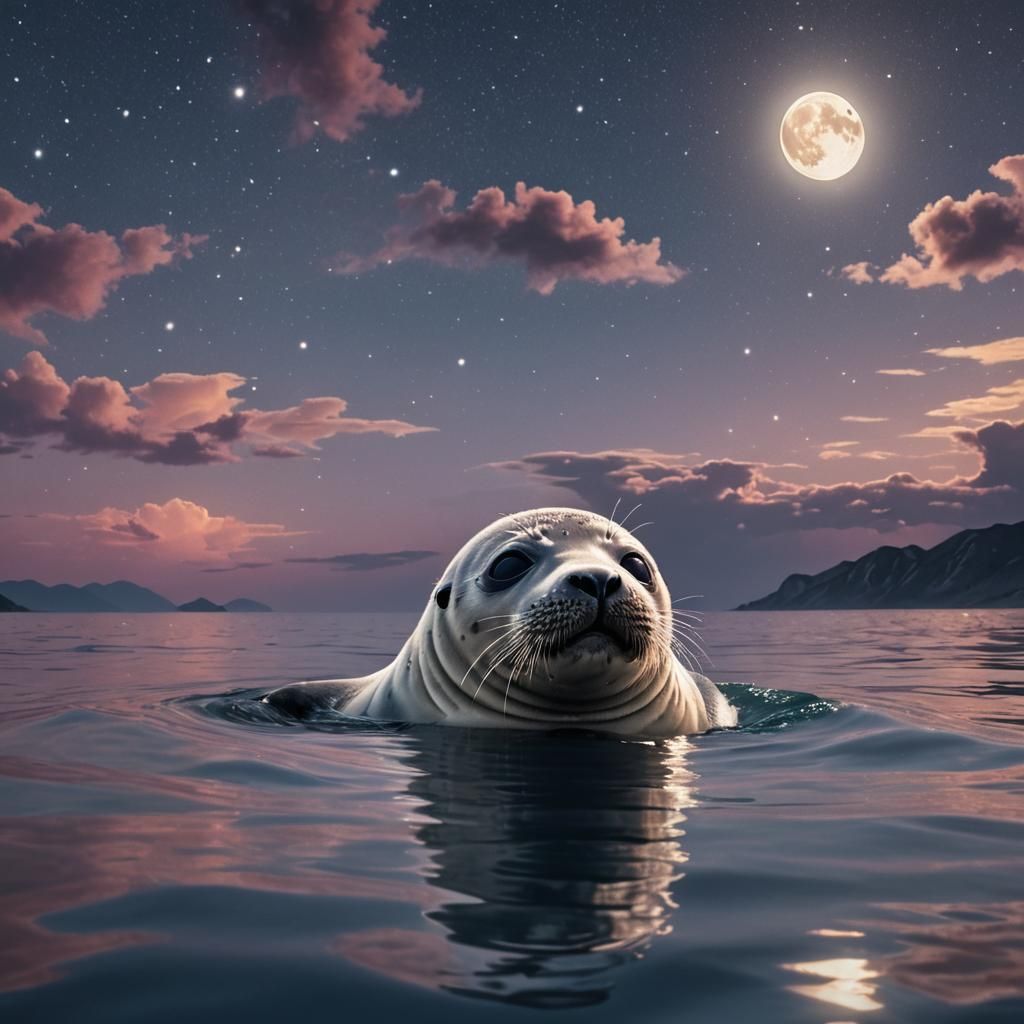 Anime Baby Seal Swimming in Glowing Night Sky