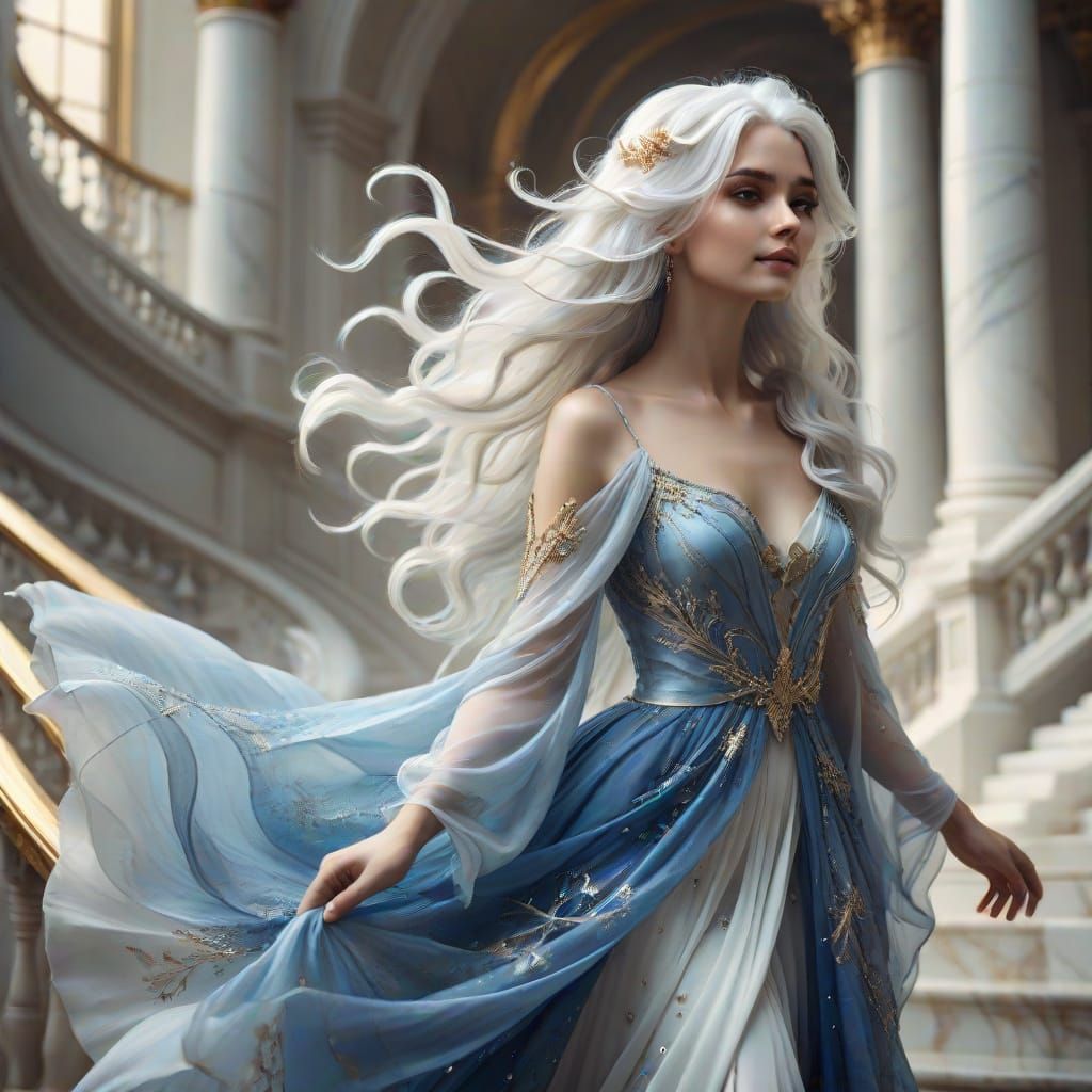 Elegant Fairy Descends Grand Marble Staircase in Cyberpunk D...