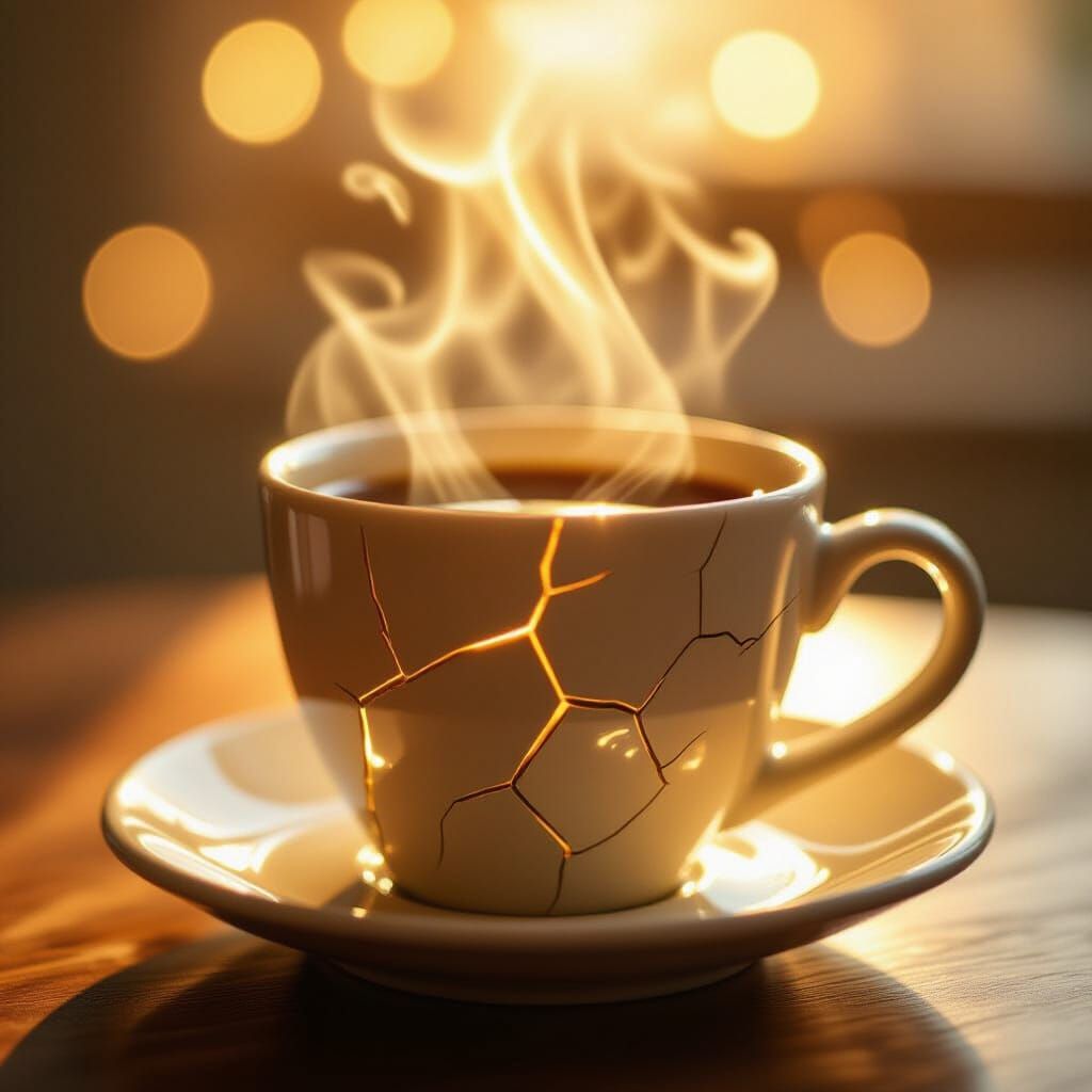 Cracked Coffee Cup with Golden Light Halo