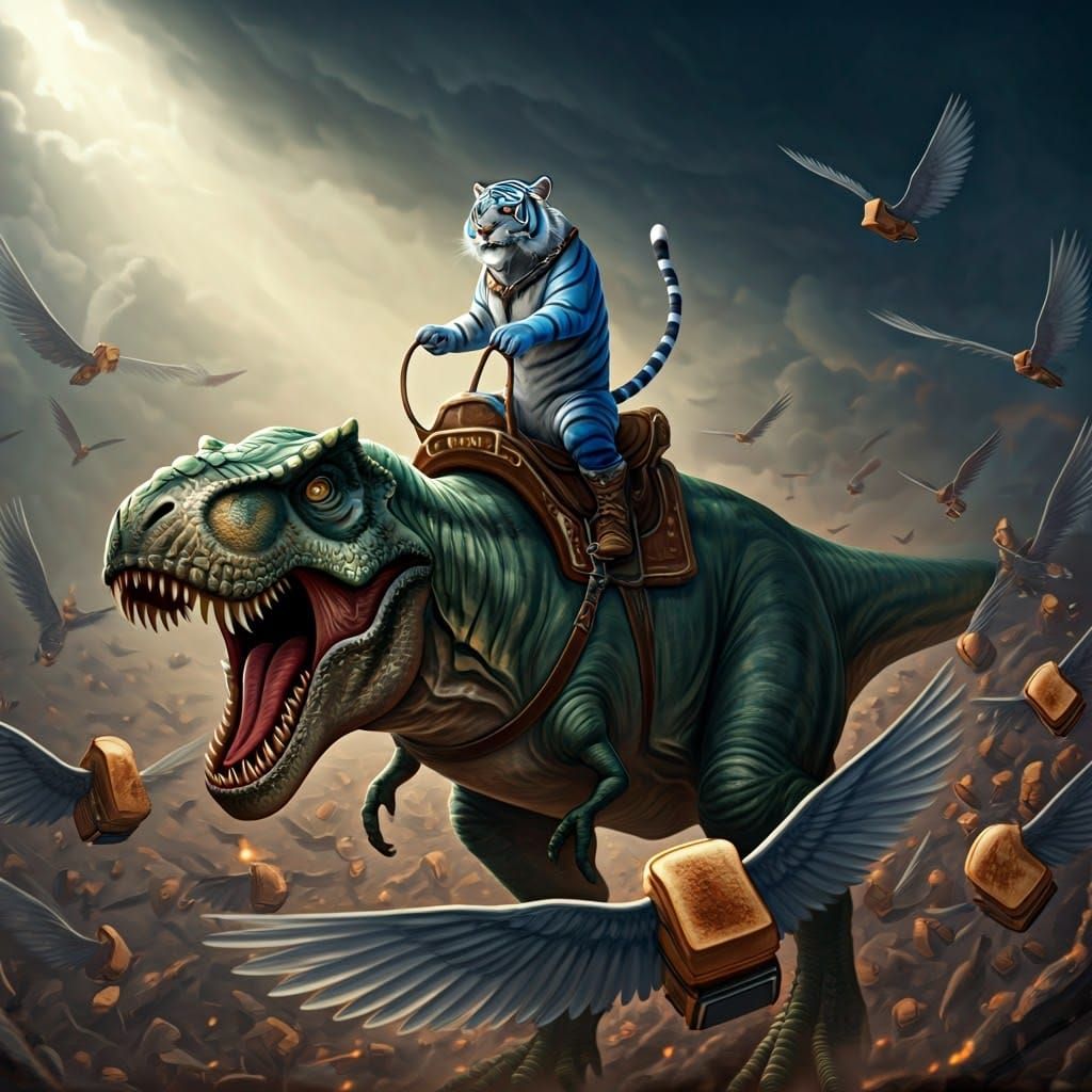 A blue tiger riding a T-Rex while fighting hoards of winged toasters