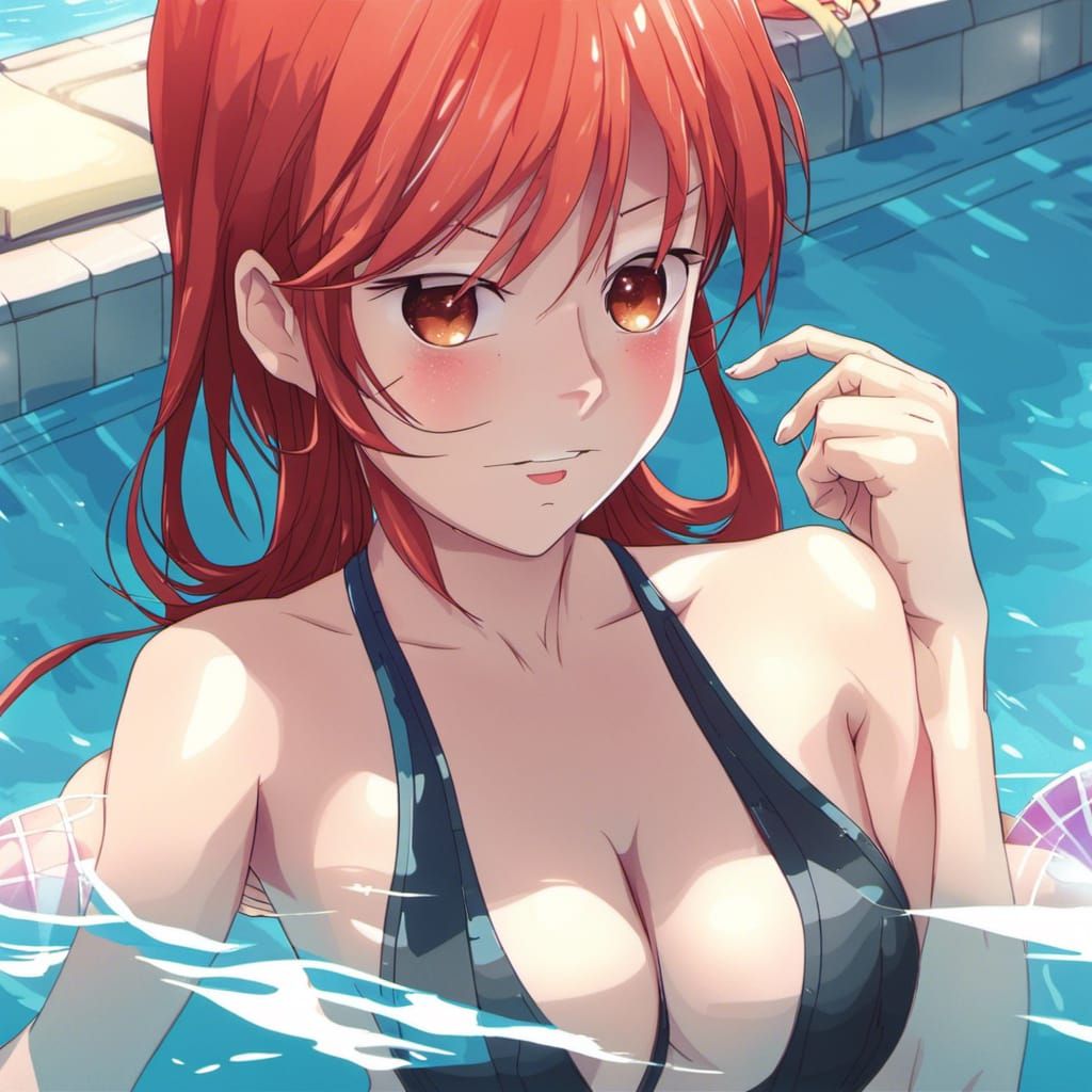 Anime-Style Redhead Girl in Swimsuit by Pool