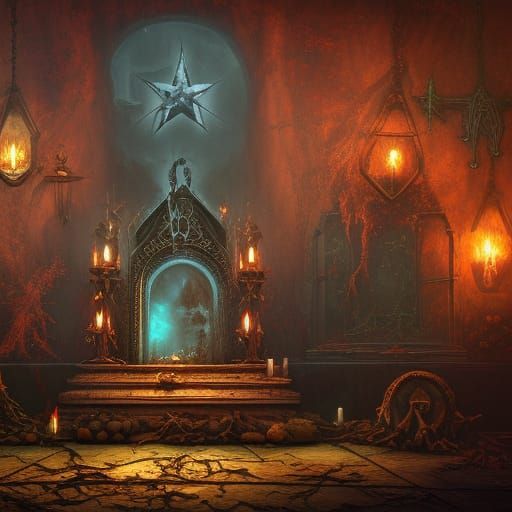 Rotting Zombie Goat Skulls on Altar: Detailed Matte Painting