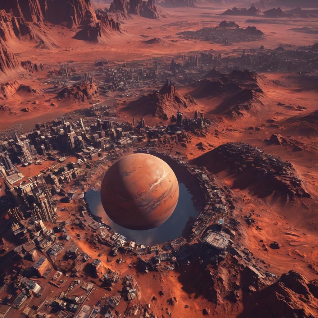 City on Mars with Planet, Detailed Matte Painting