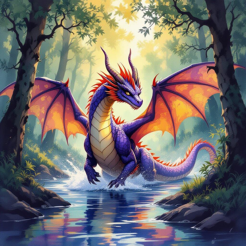 Dragon Emerging From Woods in Watercolor Splatter Style
