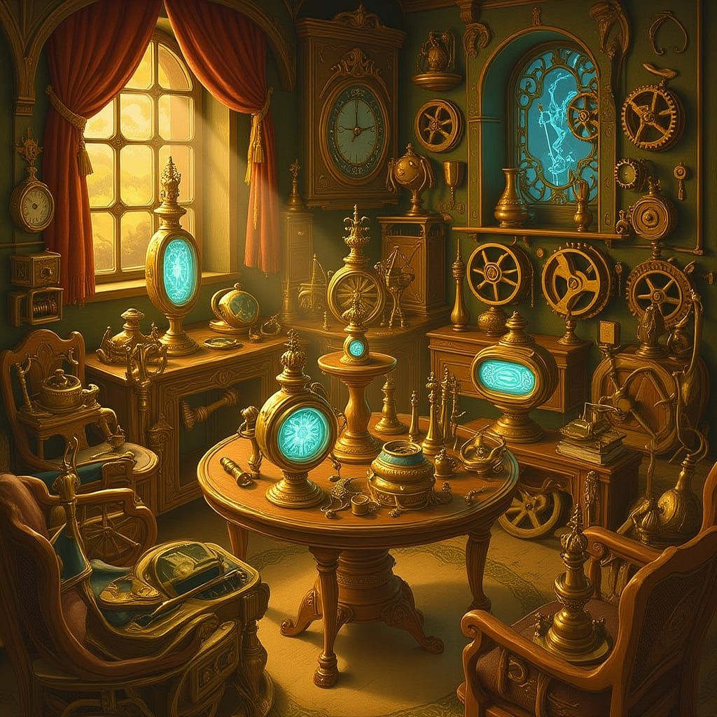 Steampunk Workshop Bird's Eye View in Art Nouveau Style