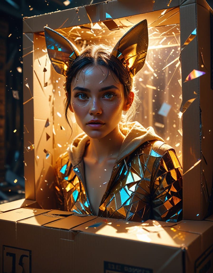 Ethereal Woman Emerges from a Cardboard Box