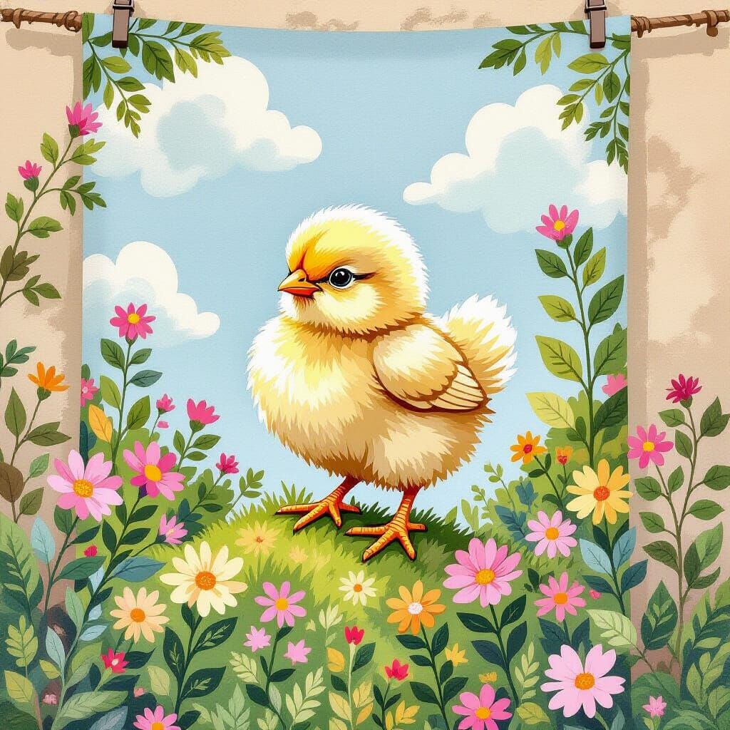 Playful Chick Perched on Tapestry in Pastel Colors
