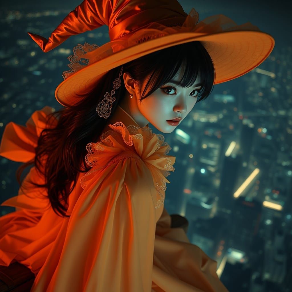 By night, riding a witch's flying-broom over the city.